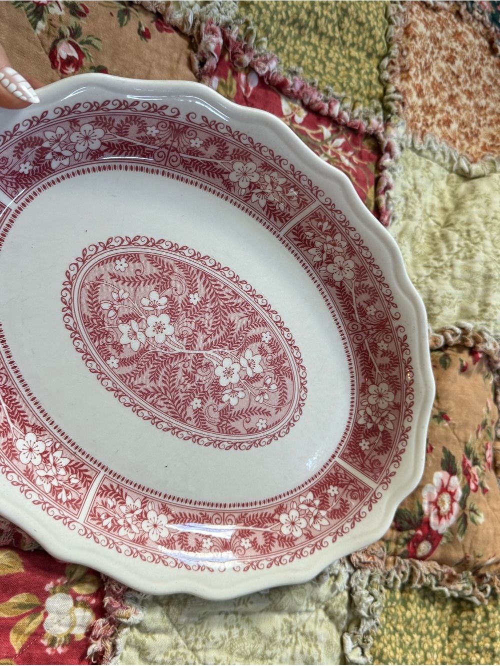 Red Floral Scalloped Ceramic Serving Platter